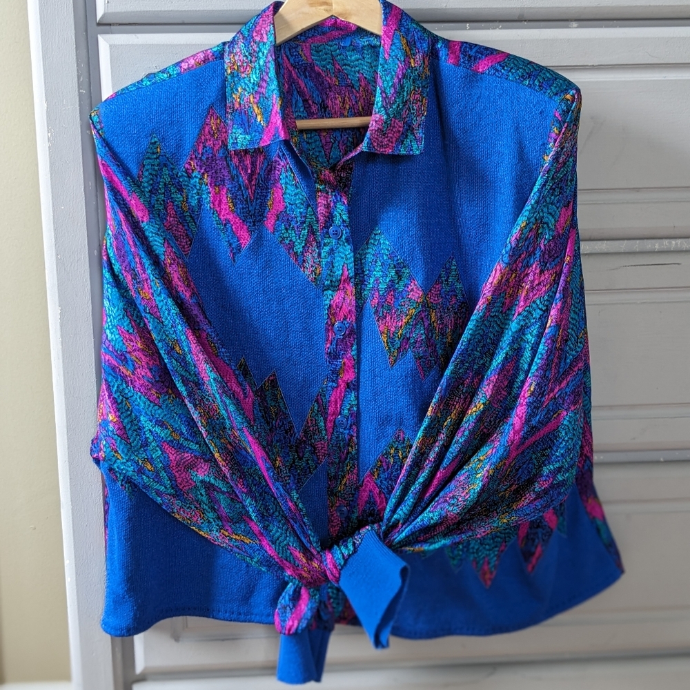 Vintage 80's Blouse with Pads Blu and Pink
